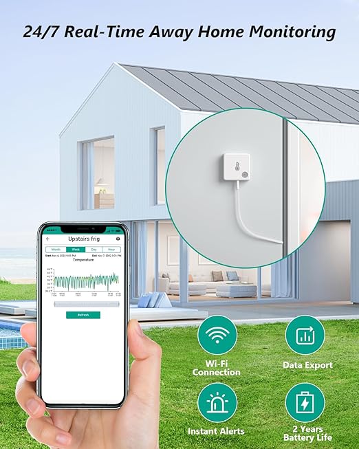 MOCREO WiFi Freezer Thermometer with Alarm, Wireless Refrigerator Temperature Sensor with Remote App Notification, Email Alert, 2 Years Free Data Export, for Home Kitchen Fridge Hot Tub