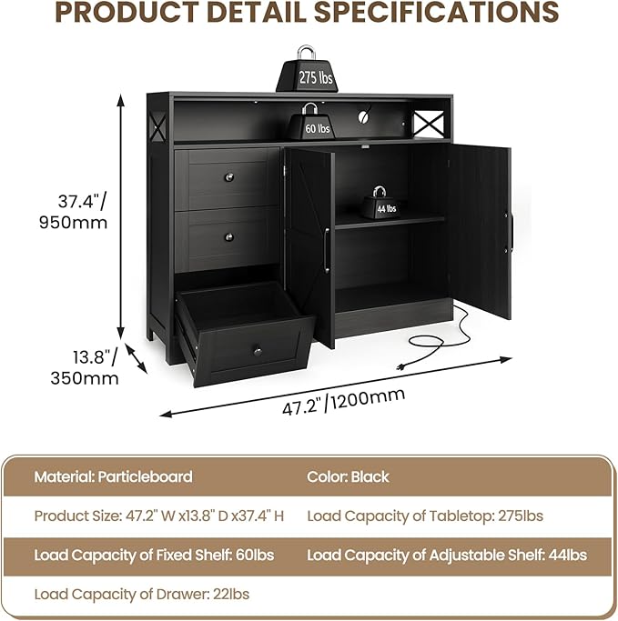 OUTLANE 47In Large Buffet Cabinet, Modern Farmhouse Sideboard with 3 Drawers, Wood Cupboard Storage Pantry Cabinet with 2 Barn Doors&Adjustable Shelf, Storage Cabinet for Living Room, Kitchen, Black
