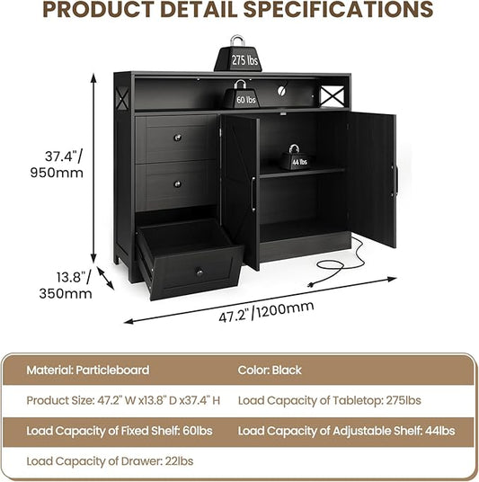 OUTLANE 47In Large Buffet Cabinet, Modern Farmhouse Sideboard with 3 Drawers, Wood Cupboard Storage Pantry Cabinet with 2 Barn Doors&Adjustable Shelf, Storage Cabinet for Living Room, Kitchen, Black