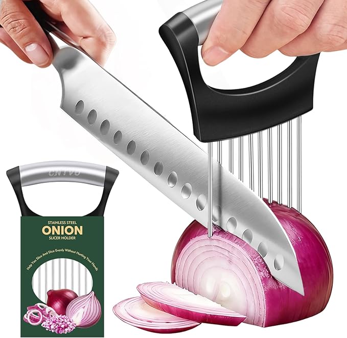 Onion Holder for Slicing, Stainless Steel Onion Slicer, Onions Slicer Holder with Protective Cover, Multi-Use Vegetable Chopper for Onions Tomatoes Avocados Potato Eggs Kiwifruit Meat Lemon
