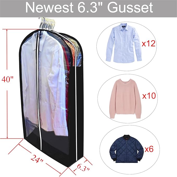 Suit Bags for Closet Storage with 6.3" Gusset, 40" Garment Bags for Hanging Clothes, Clear Side Zipper Suits Dust Proof Covers for Jacket, Coat, Sweater, Shirts, 5 Packs