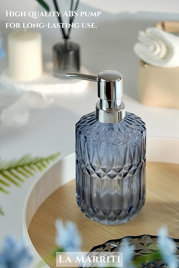 Blue Bathroom Accessories Set, 4Pcs Clear Glass Bathroom Accessories, Lotion Soap Dispenser Set, Toothbrush Holder, Qtips Holder, Soap Dish for Crystal Modern Bath Decor, Set