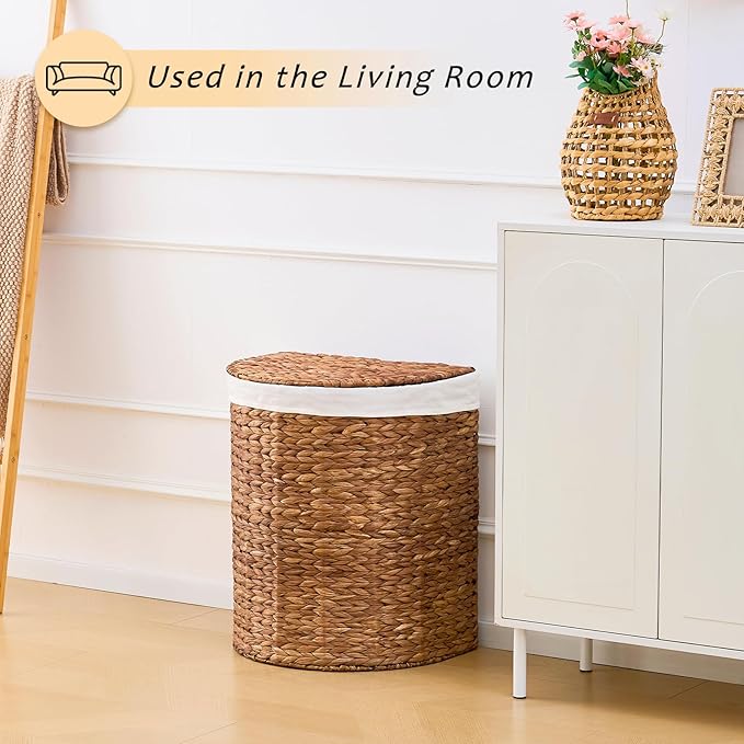 Water Hyacinth Laundry Hamper with lid, Half Moon Shape with 2 Removable Cloth Bags, Handwoven Boho Wicker Basket for Laundry Organization, Espresso