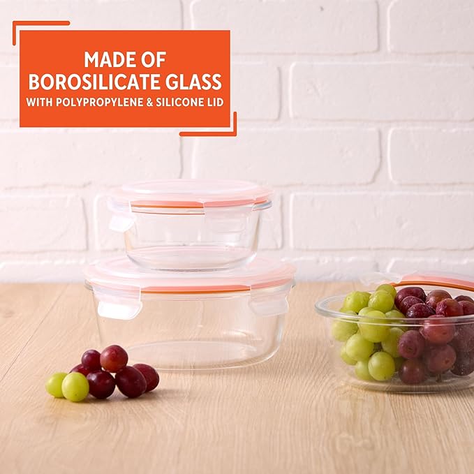 IMUSA Glass Food Storage Containers with Lids 6-Piece Set, Borosilicate Meal Prep Containers with Silicone Seal, Leakproof, Airtight, Freezer, Oven & Microwave Safe