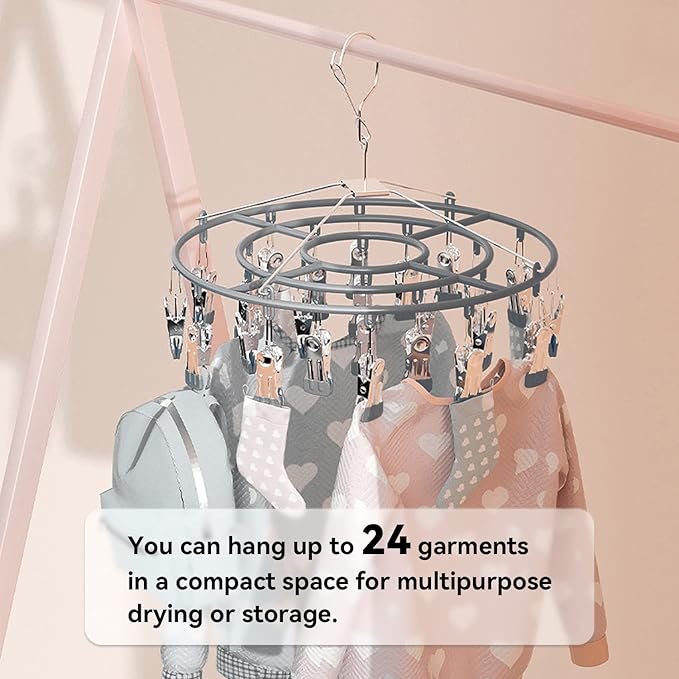 Stainless Steel Laundry Drying Rack Clothing Sock Drip Clothes Drying Hanger with 24 Clips, Swivel Windproof Hook Round Heavy Duty Underwear Hanger for Indoor Outdoor Wet and Dry (Grey)