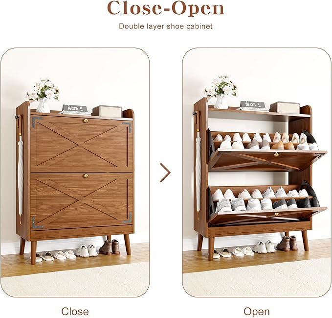 Shoe Storage Cabinet with 2 Flip Drawers & Adjustable Shelves,Narrow Shoe Cabinet Storage with Doors Side Hooks Wooden Shoe Rack Cabinet for Entryway,Hallway,Rustic Walnut