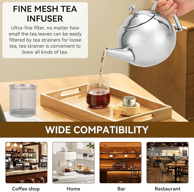 Stainless Steel Tea Pot with Infuser, Tea Pot with Removable Infuser For Loose Leaf and Tea Bags Metal Tea Kettle with Filter Stovetop Tea Maker Brewing Loose Leaves and Tea Bags (1.5L)