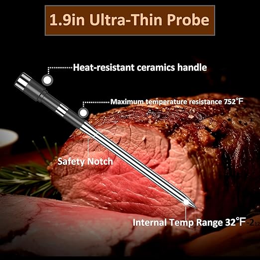 Wireless Meat Thermometer, 800Ft Bluetooth Thermometer for Turkey Beef Lamb, Meat Thermometer Digital Wireless for Rotisserie Sous Vide BBQ Oven Smoker Cooking Thermometer