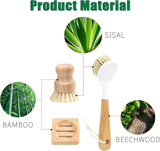 Bamboo Vegetable Brush Set, Natural Bristle Dish Brush with Holder, Eco Friendly Soft Dish Scrubber Kitchen Brush for Dishes