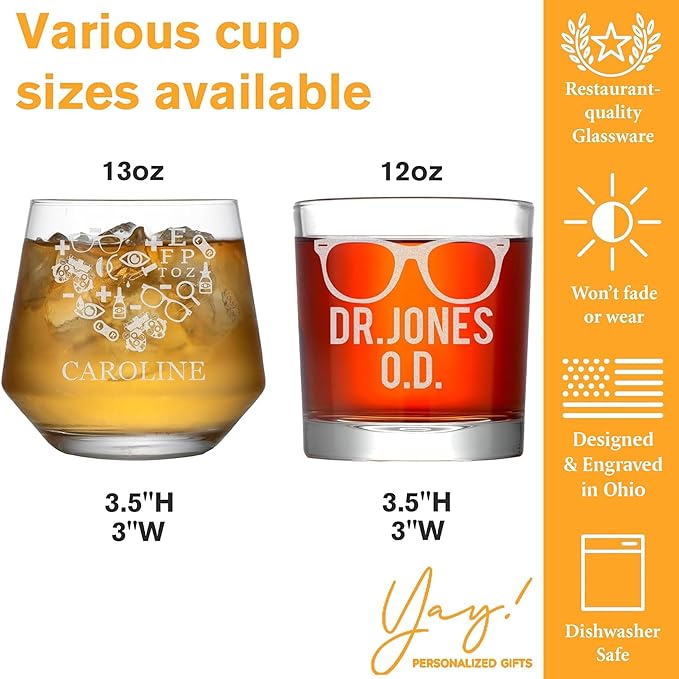 Custom Engraved Whiskey Glass - Personalized Gifts for Eye Doctors, Graduation Gift for Dental Student, Birthday Appreciation Gift for Best Ophthalmologist (Whiskey, Eye Doctor)