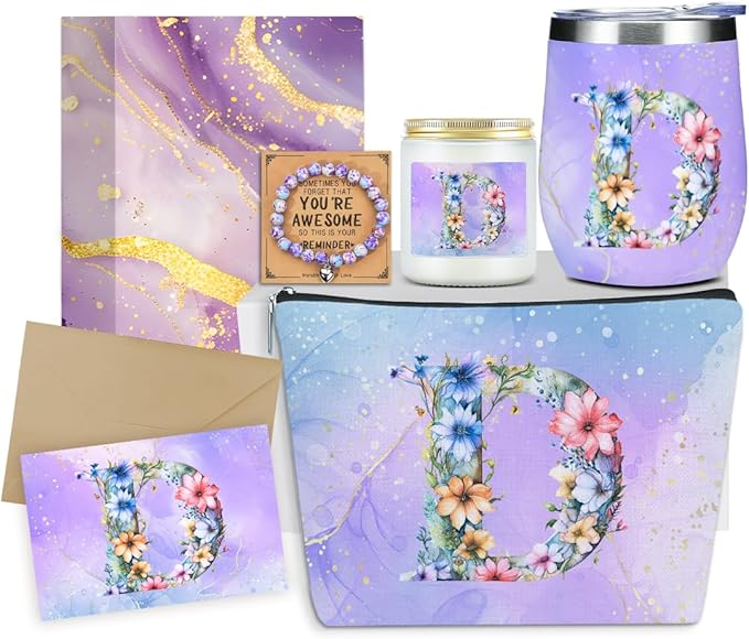 Personalized Gifts Monogrammed Birthday Gifts for Women, Niece Auntie Boss Teacher Appreciation Christmas Initial Wine Tumbler Makeup Bag Scented Candle Bracelet Set, (Aesthetic Purple Flower D)