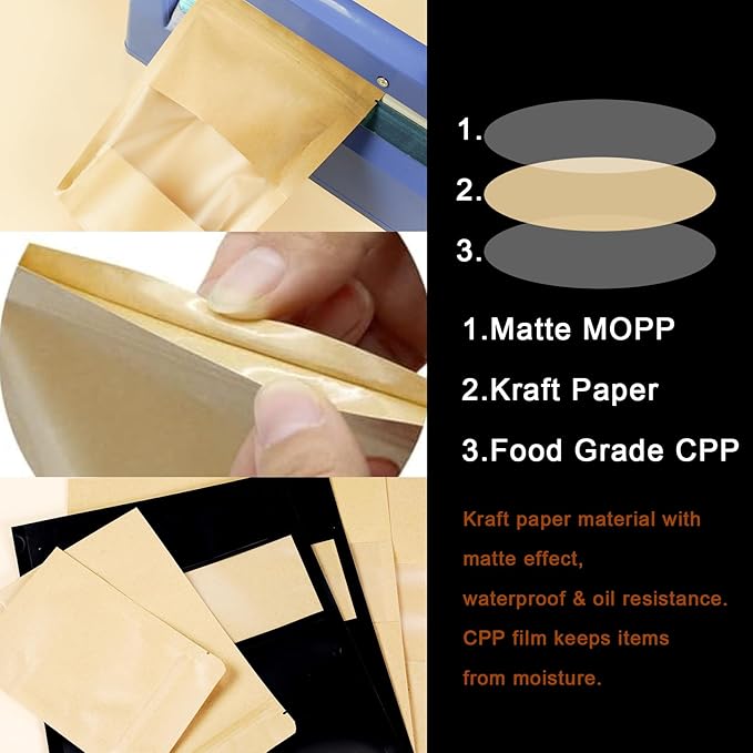 100 PCS Resealable Bags, Stand Up Kraft Paper Bags with Matte Window, Zipper Lock Food Storage Bags for Small Business and Home, 4.7 * 7.8 Inch Reusable Sealable Bags for Packaging -Black