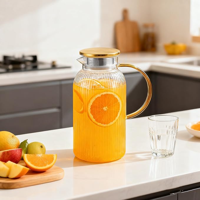 2 PACK Glass Pitcher with Lid, 68oz/2Liter Borosilicate Glass Water Pitcher, Heat Resistant Vertical Striped Water Carafe for Iced Tea, Fruit Tea, and Hot Beverages, Dishwasher Safe, Christmas Gifts