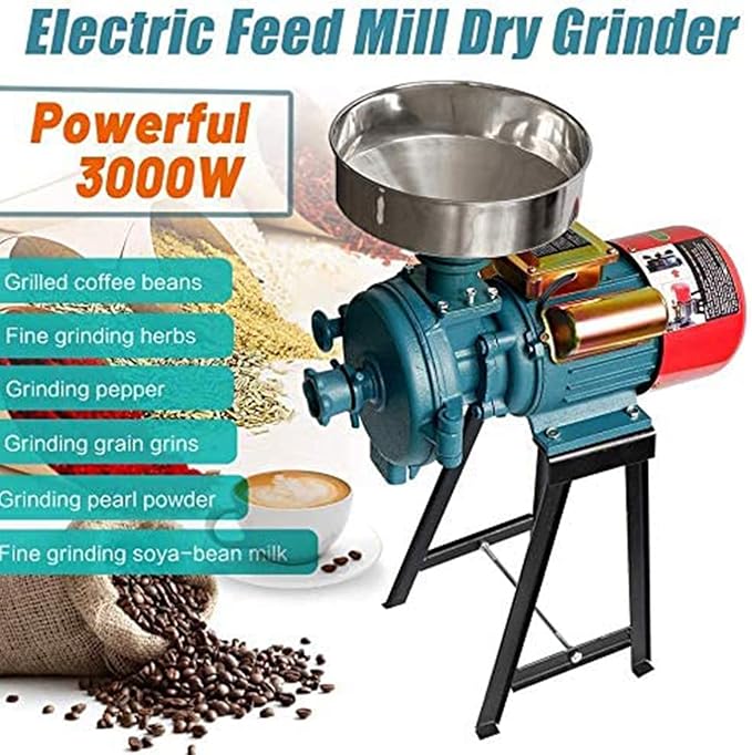 Electric Grain Mill, 3000W 110V Heavy Duty Mill Grinder Heavy Duty Grain Grinder Commercial Electric Feed Mill Dry Cereals Grinders Corn Grain Coffee Wheat Feed Machine With Funnel