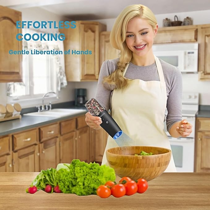 Gravity Electric Salt and Pepper Grinder Set,USB-C Rechargeable, No Battery Needed,One-Touch Automatic Shakers, Adjustable Coarseness, Kitchen Utensils for Dining Cooking(Black，2 Pack)