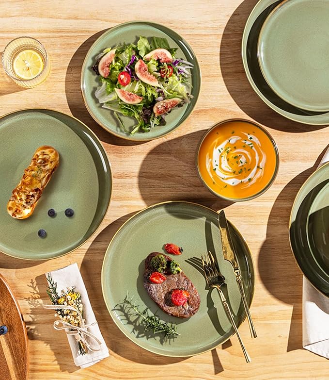 TheTerra Ceramic Dinnerware Sets, Handmade Reactive Glaze Plates and Bowls Set, Scratch Resistant Dish Set, Oven & Microwave & Dishwasher Safe, Service for 6, Brown Green