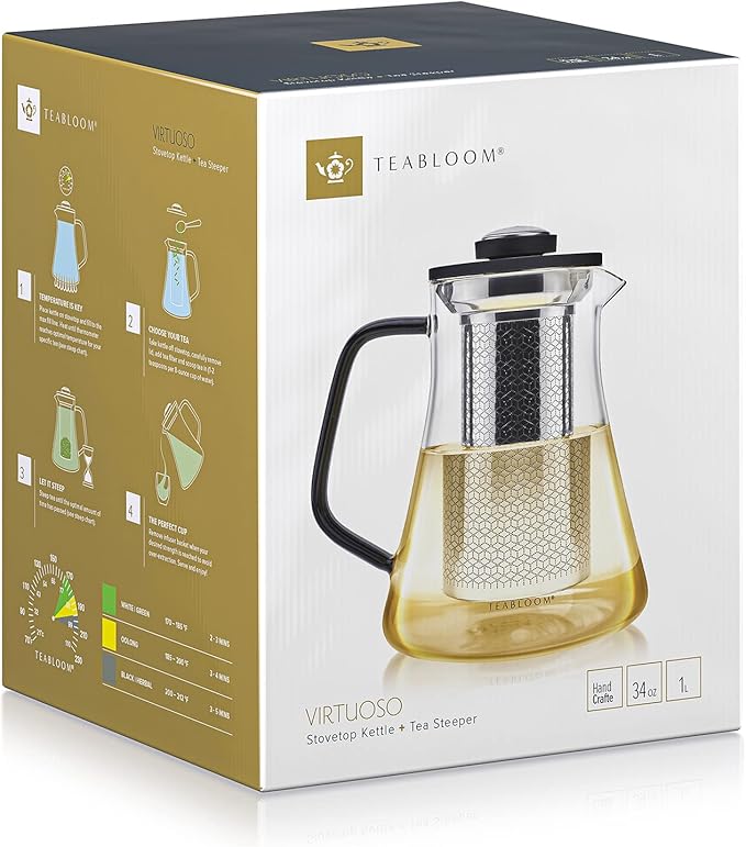 Teabloom 2-in-1 Tea Kettle and Tea Steeper - Glass Teapot with Thermometer and Stainless Steel Loose leaf Tea Infuser, No Whistle Kettles, Virtuoso 34-Ounce Tea Maker