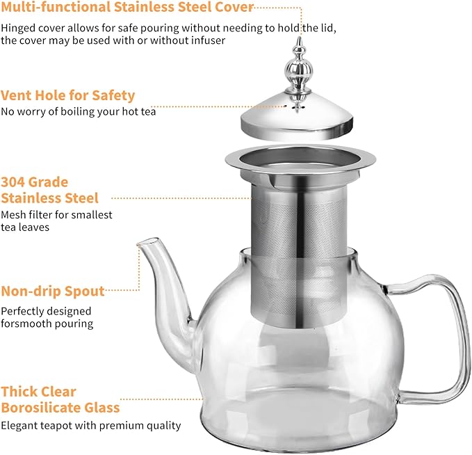 Glass Teapot 40oz/1200ml with Removable Infuser, Borosilicate Clear Tea Kettle, Stovetop Safe Tea Kettle Blooming Loose Leaf Teapots, for Camping, Travel