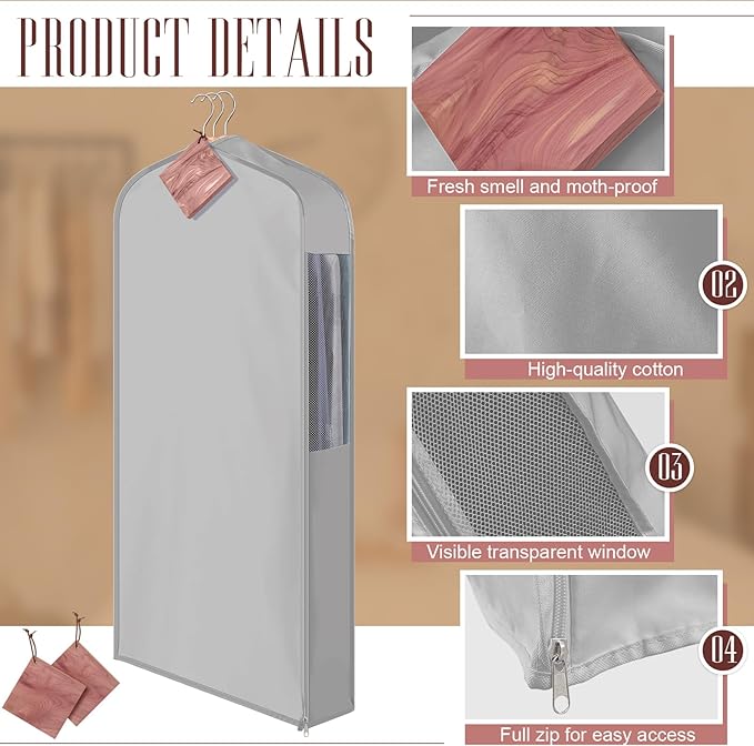 40" Cotton Garment Bag for Hanging and Storage Clothes with 4 Cedar Blocks for Fresh Smell and Moth Protection, Breathable Hanging Storage Bag for Suit Sweater Gown Fur Coat, 6'' Wide, Gray