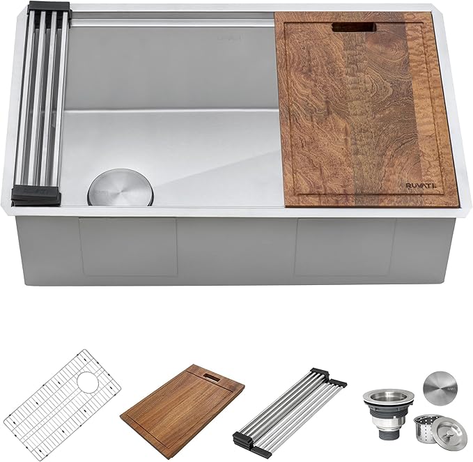 Ruvati 27-inch Workstation Kitchen Sink - Slope Bottom Offset Drain 16 Gauge Stainless Steel Undermount Kitchen Sink with Brushed Finish hides scratches, Easy-to-Clean - RVH8570