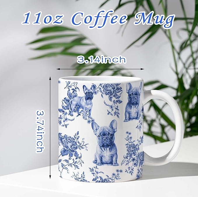 French Bulldog Blue French Toile Mug, Bulldogs Lover Gifts for Women, Blue Chinoiserie Toile Coffee Cup for Bulldog Mom, Dog Lovers Tea Coffee Mug Birthday Gifts for Dog Owners, 11oz