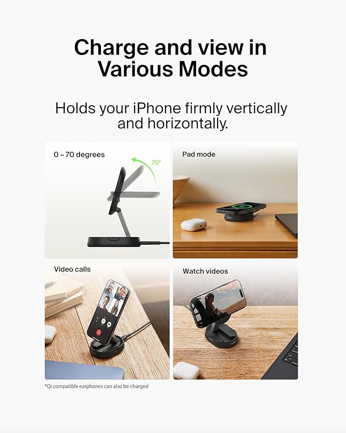 Belkin Convertible Magnetic Charging Stand 15W - MagSafe-Compatible Fast Qi2 Charger, iPhone Charger for Apple iPhone 16, 16 Plus, 16 Pro, 16 Pro Max, iPhone 15 & 14, Apple Airpods Pro, & More - Black