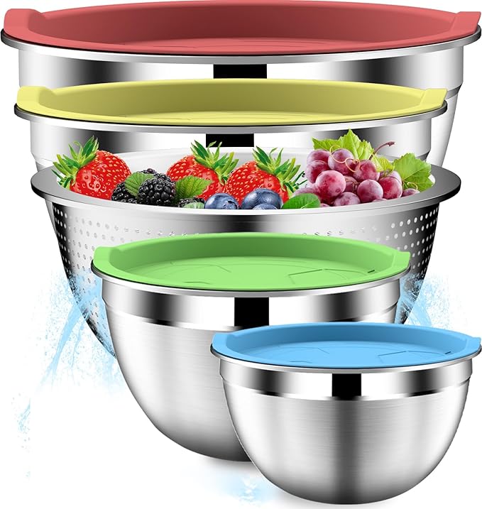 Mixing Bowls with Strainer, Mixing Bowl with Lids Set, Stainless Steel Mixing Bowls, Kitchen Gadgets 2025 Salad Bowls with Strainer for Mixing & Preping & Baking, Multicolor