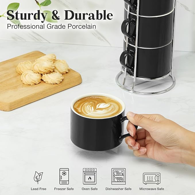 10 Ounce Black Porcelain Stackable Cappuccino Cups with Stainless Steel Holder, Set of 4, Durable Ceramic, Perfect for Home, Office or Gift