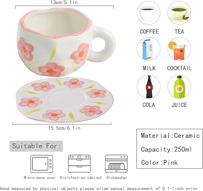 Coffee Mugs Set with Saucer Cute Flowers Cup Gifts for Women Birthday Tea Coffee Mug with Coaster 250 ML Ceramic Cup Birthday Gift for Women Girls Mom Friend Coffee Mug aucer Set