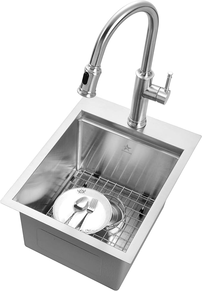 STARSTAR Workstation Ledge Topmount/Drop-in Single Bowl 304 Stainless Steel Kitchen/Yard/Bar/Laundry/Office Sink, With Grid, Cutting Board, Strainer (15 x 17 x 9)