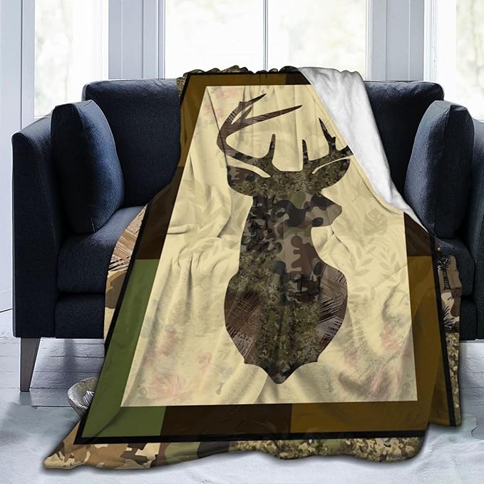 Deer Blanket Camo Hunting Throw Blanket Cozy Plush Dad Elk Fleece Flannel Ultra Soft Blankets Lightweight Fuzzy Warm Gifts for Adults Men 60"X50"