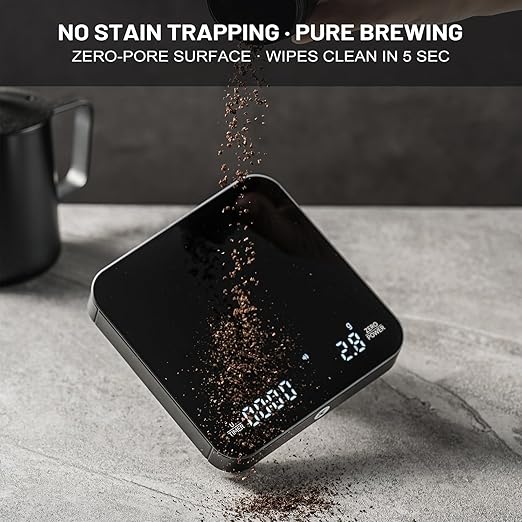 KitchenTour CaféMetric Coffee Scale with Timer 0.1g/2000g - Precision Scale for Espresso & Pour Over - Water Flow Speed Mode and Coffee Powder-to-Liquid Ratio Mode - Rechargeable, LED Display - Black