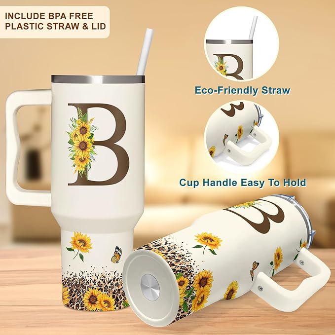 Personalized Birthday Gifts For Women - Sunflowers Monogrammed Cup For Boss Day, Christmas - Customized Gifts For Women, Mom, Wife, Coworkers, Boss Lady, Her - Custom Tumbler With Handle 40oz