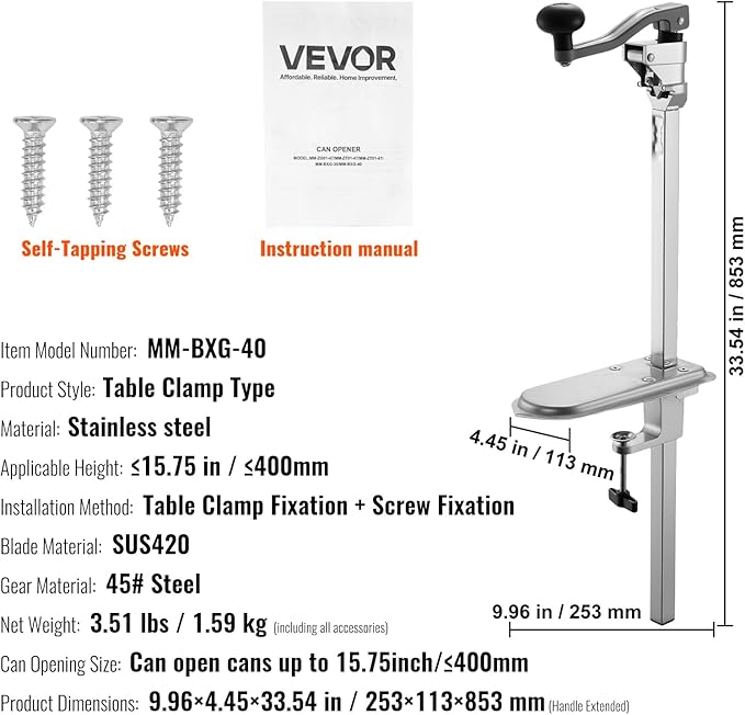 VEVOR Commercial Can Opener, Heavy-Duty Manual Tabletop Cans Opener for Cans Up to 15.75 in Height, Height-Adjustable Can Openers Fixed with Screws & Table Clamp, for Restaurant, Hotel, and Food Store