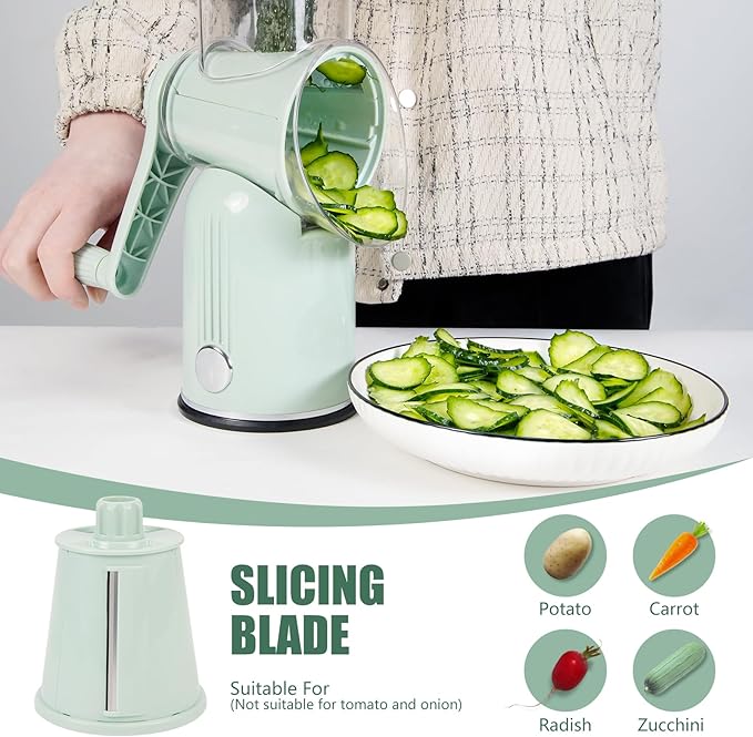 Rotary Cheese Grater with Handle: 5-in-1 Cheese Grater Hand Crank, Strong Suction Base for Fruit Vegetables Nuts with Blade Storage Box (Green)