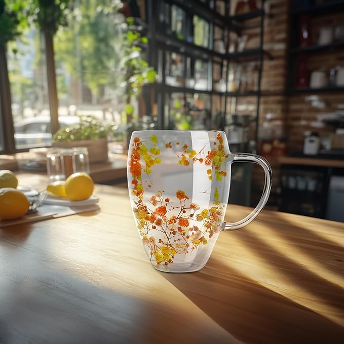 Gusto Buono 11oz Double Wall Glass Mugs, Set of 4 – Orange/Yellow Dry Flowers Design | Handmade, Heat-Resistant, Handwash Only | Perfect Coffee Mugs for Parties & Holiday Gifts
