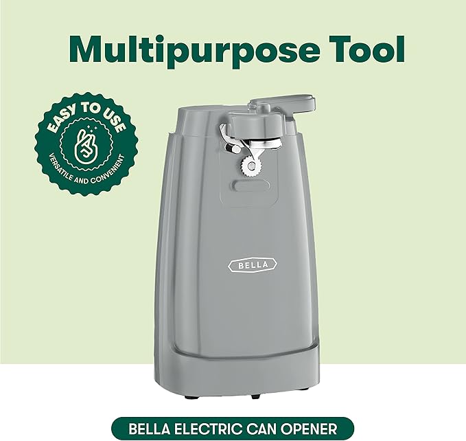 bella Electric Can Opener and Knife Sharpener, Multifunctional Bottle Opener with Removable Cutting Lever and Cord Storage, Stainless Steel Blade, Gray