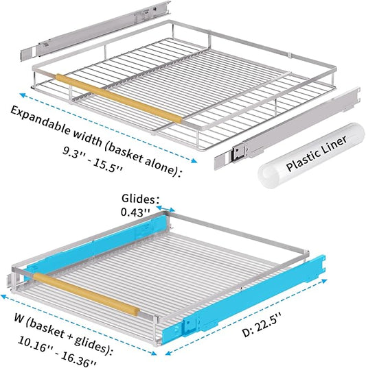 Expandable Pull Out Drawer Cabinet Organizer, Adjustable Width Bottom-Mounted Slide Out Storage Shelves for Cabinets, Required Cabinet Size (W: 10.16"~16.36", D≥22.5"), 2 Pack