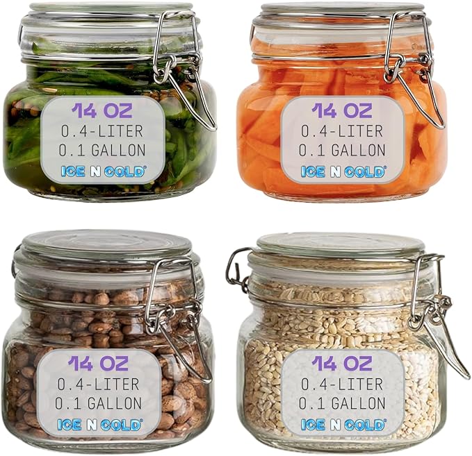 Airtight Glass Storage Jars with Clamp Lid – Food Storage Containers with Rubber Gasket Seal – Pantry & Kitchen Canisters for Dry Goods, Coffee, Sugar, Pasta – 0.4L to 2.2L Sizes (4, 14oz | 0.4L)