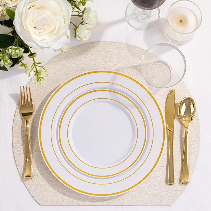 WELLIFE 600 PCS Gold Disposable Dinnerware Set for 100 Guests, Gold and White Plastic Plates for Party, 100 Each-Dinner & Salad Plates, Cups, Forks Knives Spoons for Christmas Wedding and Party