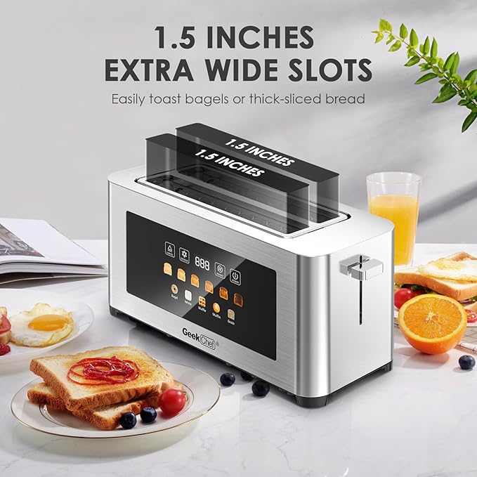Geek Chef Touch Screen Toaster 4 Slice, 1.5" Extra Wide Slots for Bagels & Waffles, 6 Browning Levels, Timer, Reheat, Defrost, Cancel Function, Auto Shut-Off, Removable Crumb Tray, Stainless Steel