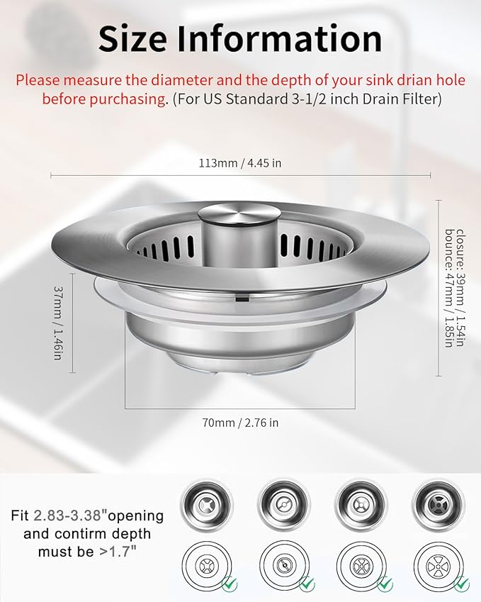3 in 1 Kitchen Sink Drain Strainer [304 Stainless Steel Pop Up] Anti-Clogging Kitchen Sink Drain Stopper Stainless Steel Drainage Odor Filter Sink Plug for Us Standard 3-1/2 Inch (2 Pack)