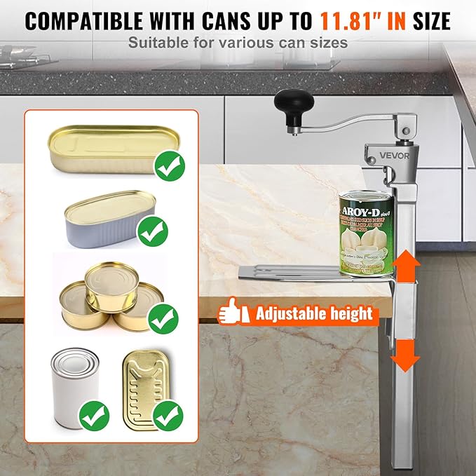 VEVOR Commercial Can Opener, Heavy-Duty Manual Tabletop Cans Opener for Cans Up to 11.8 in Height, Height-Adjustable Professional Can Openers with Stainless Steel Blade, for Restaurant & Food Store