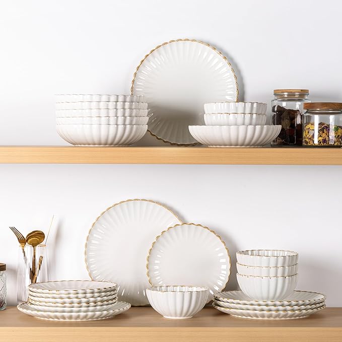 GBHOME Stoneware Dinnerware Sets for 4,Handcrafted Embossed Design Reactive Glaze Ceramic Plates and Bowls, Dishwasher and Microwave Safe, Service for 4(12pcs)