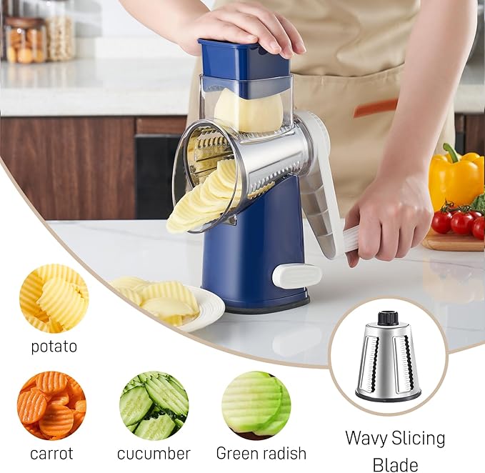 Rotary Cheese Grater with 4 Blades, Hand Crank Cheese Grater with Waffle Slicer, Black and White Cheese Slicer with Suction Base, Easier for Shredding& Grating (Blue, 4 Graters)
