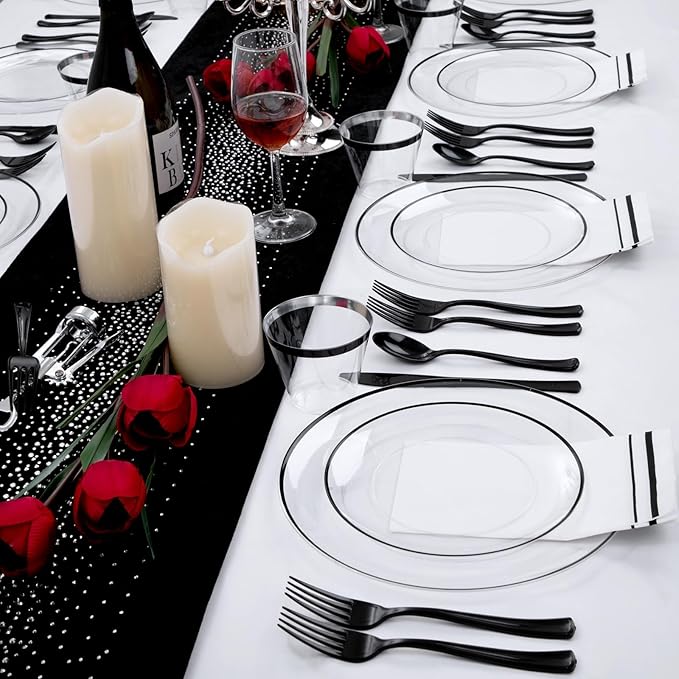 NOCCUR 350PCS Clear and Black Plastic Plates - Disposable Dinnerware Set for 50 Guests Include 100 Dinner/Dessert Plates,150 Black Cutlery,50 Cups&50 Napkins Ideal for Party/Birthday/New Year