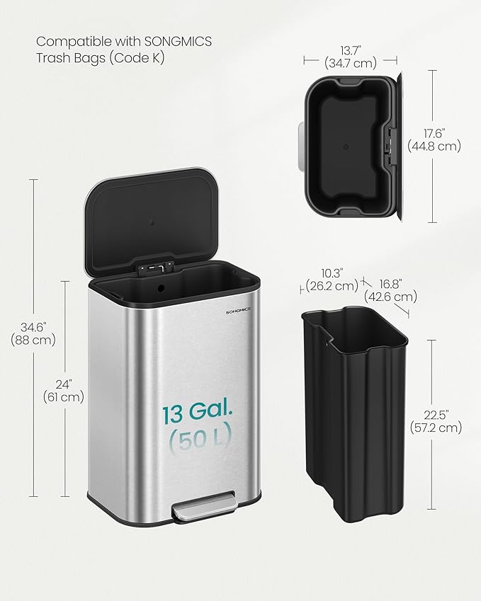 SONGMICS Kitchen Trash Can, 13-Gallon (50 L) Garbage Can with Lid, Stainless Steel, Soft Close and Stays Open, Inner Bucket, Wide Non-Slip Pedal, Metallic Silver ULTB547E01
