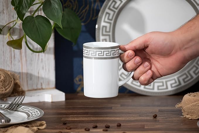 Porcelain Dinnerware Set for 1 - White and Silver Luxurious 4 Piece Greek Key Design - Elegant Dinner Plates with Mugs - Dining Kitchenware for Home, Formal Occasions and Everyday Dishes
