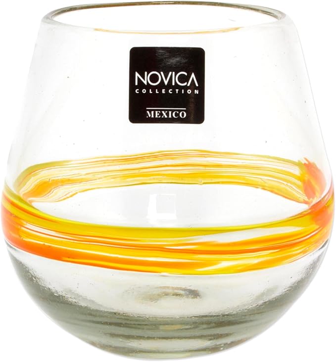 NOVICA Clear Yellow Stripe Hand Blown Glass Stemless Wine Glasses, 14 Oz, Round Ribbon Of Sunshine' (Set Of 6)