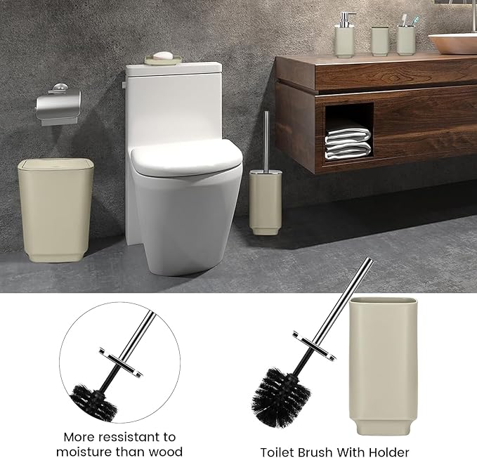 Bathroom Accessory Set 6 Piece Bathroom Accessories Set with Toothbrush Holder&Cup,Soap Dispenser& Dish,Toilet Brush Holder,Trash Can Plastic Gift Set for Bathroom Decorative Countertop (Coffee)